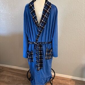 Izod Mens Blue Plaid Robe with Pockets One Size Fits Most